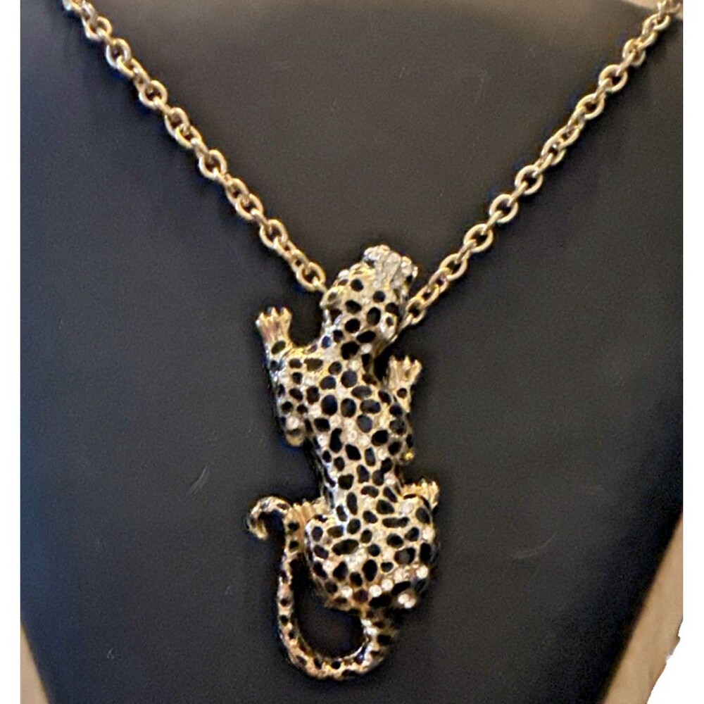 Vintage Goldtone & Rhinestone Leopard Cheetah Pendant Necklace 32"